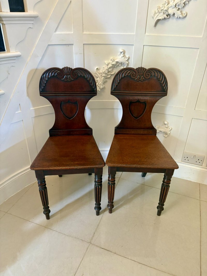 Pair of Antique Regency Quality Carved Mahogany Hall Chairs - Image 2